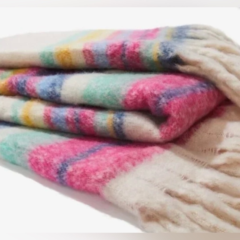 NWT Free People Fringe Throw Blanket 60x51 in Skye Stripe Ivory New $78 retail - Picture 4 of 8